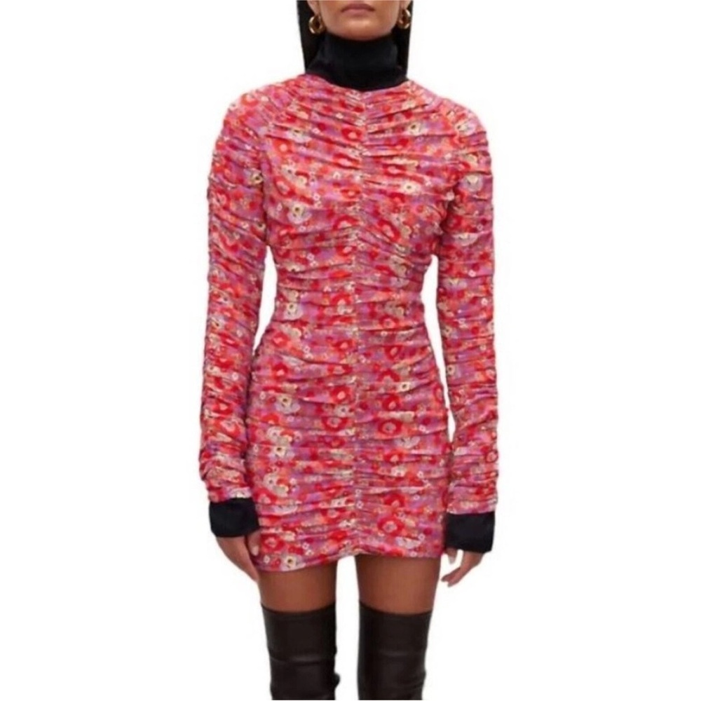Rohe Sadie Floral Print Pink Multicolor Ruched Long Sleeve Mini Dress EUC Size 4